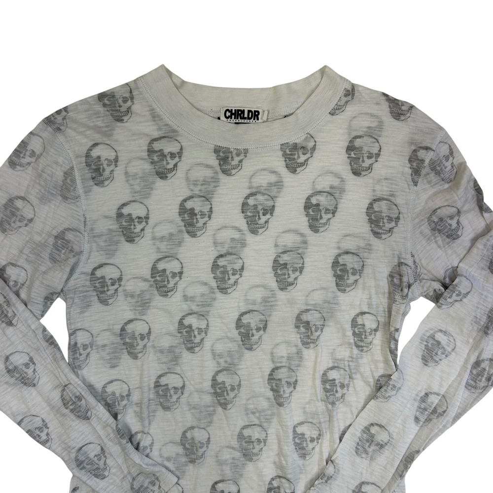 CHRLDR Cheerleader Womens‎ White Skull Print Burnout Long Sleeve Top Small